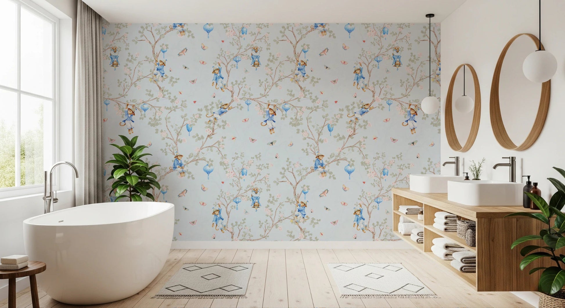 Vintage Rococo Chinoiserie Asian Lanterns with Monkeys and Sakura Flowers blue Wallpaper⁠