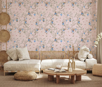 Vintage Rococo Chinoiserie Asian Lanterns with Monkeys and Sakura Flowers pink Wallpaper⁠