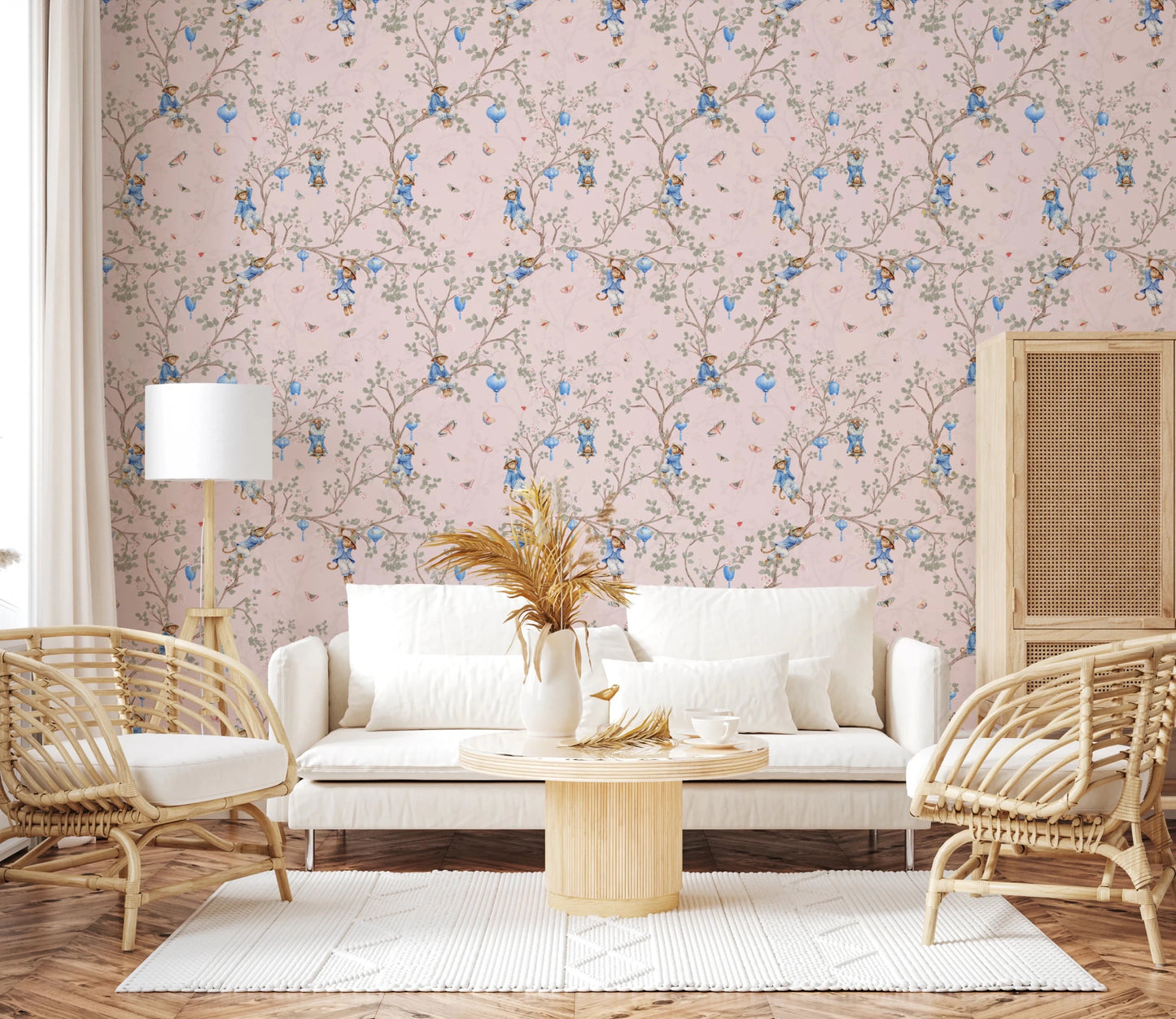 Vintage Rococo Chinoiserie Asian Lanterns with Monkeys and Sakura Flowers pink Wallpaper⁠