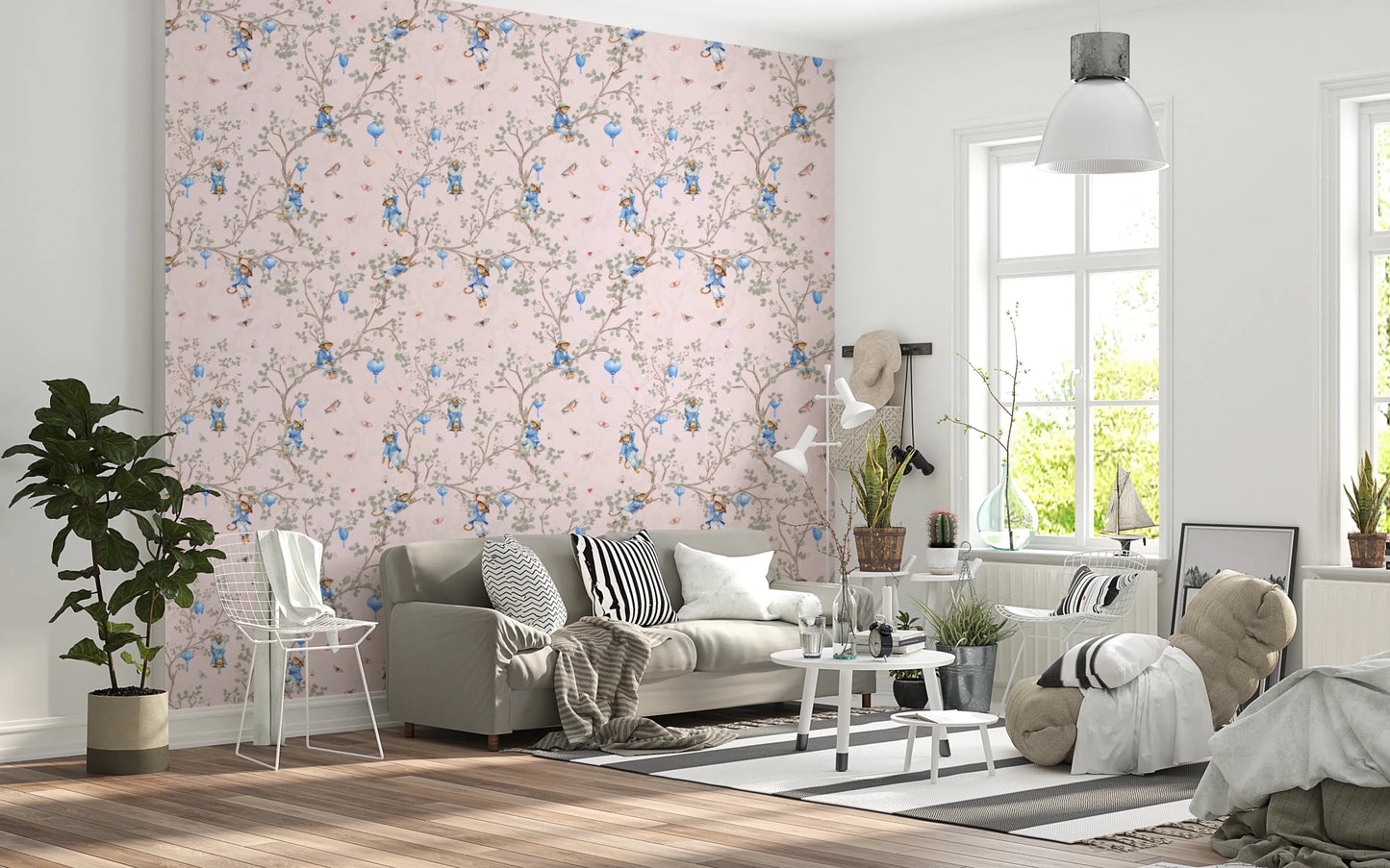 Vintage Rococo Chinoiserie Asian Lanterns with Monkeys and Sakura Flowers pink Wallpaper⁠