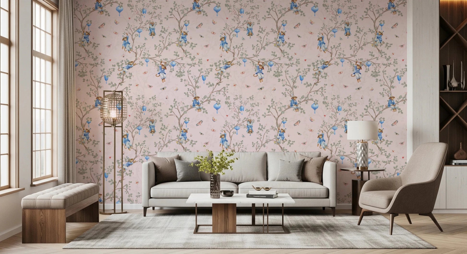 Vintage Rococo Chinoiserie Asian Lanterns with Monkeys and Sakura Flowers pink Wallpaper⁠