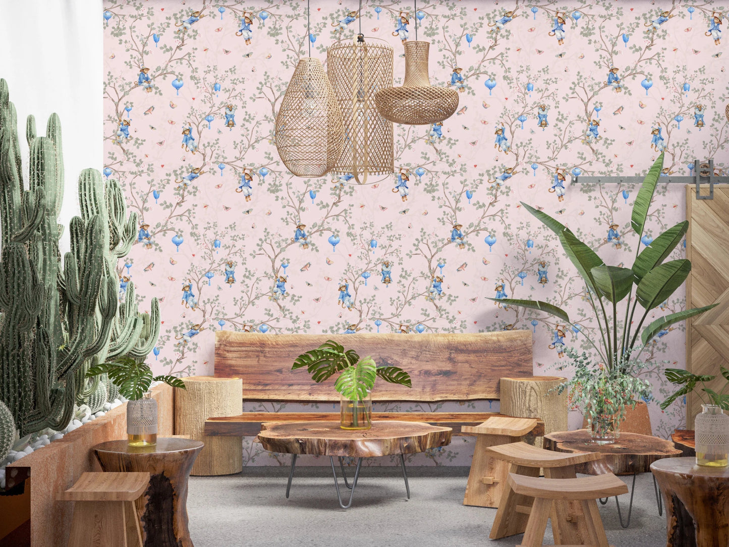 Vintage Rococo Chinoiserie Asian Lanterns with Monkeys and Sakura Flowers pink Wallpaper⁠
