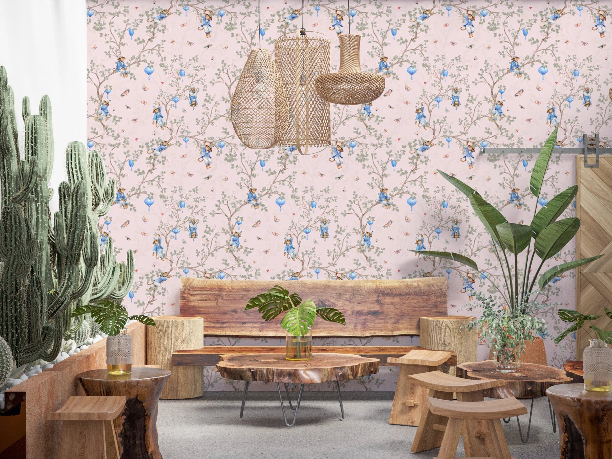 Vintage Rococo Chinoiserie Asian Lanterns with Monkeys and Sakura Flowers pink Wallpaper⁠