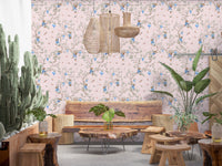 Vintage Rococo Chinoiserie Asian Lanterns with Monkeys and Sakura Flowers pink Wallpaper⁠