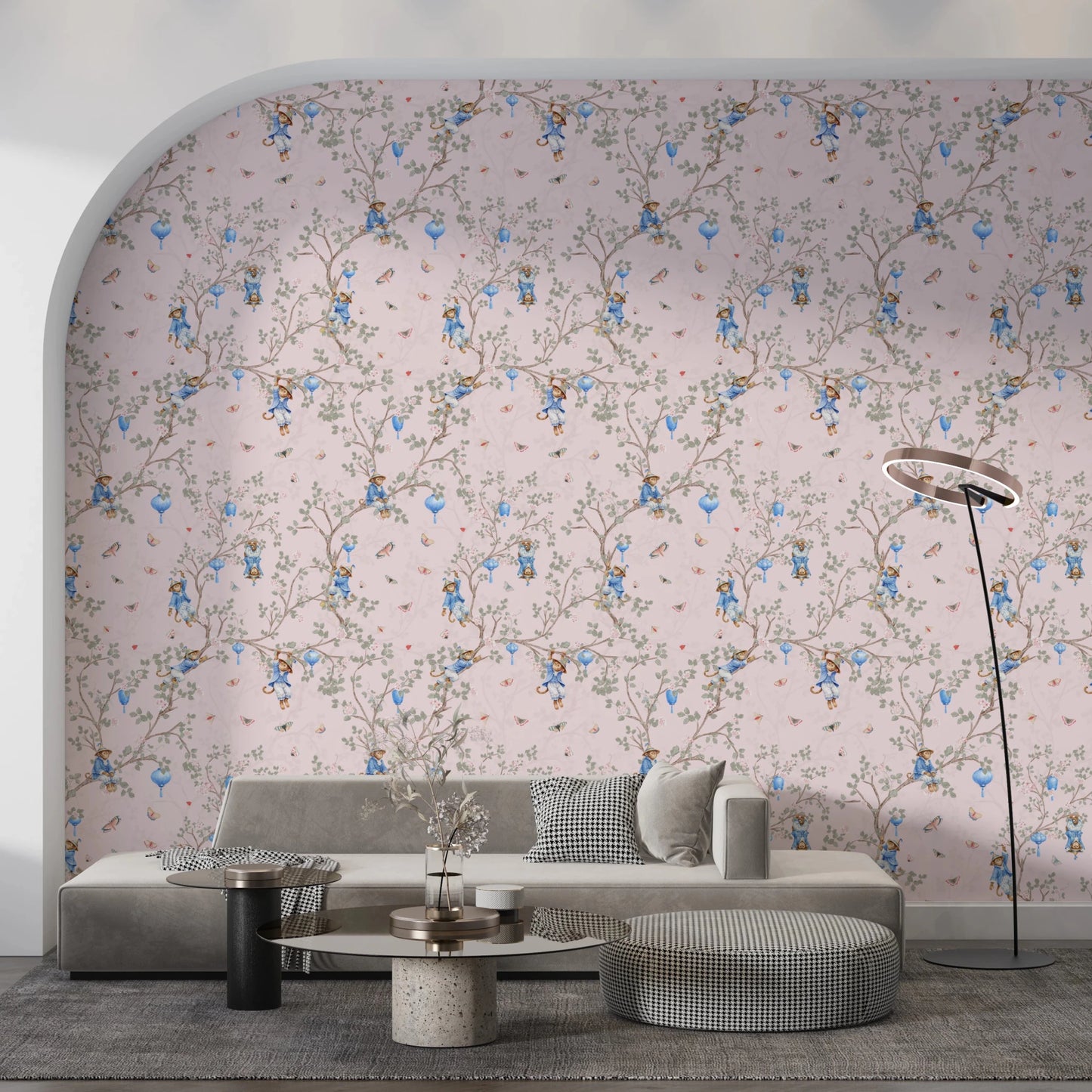Vintage Rococo Chinoiserie Asian Lanterns with Monkeys and Sakura Flowers pink Wallpaper⁠
