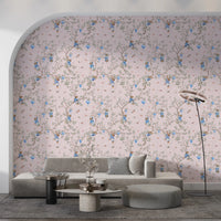 Vintage Rococo Chinoiserie Asian Lanterns with Monkeys and Sakura Flowers pink Wallpaper⁠
