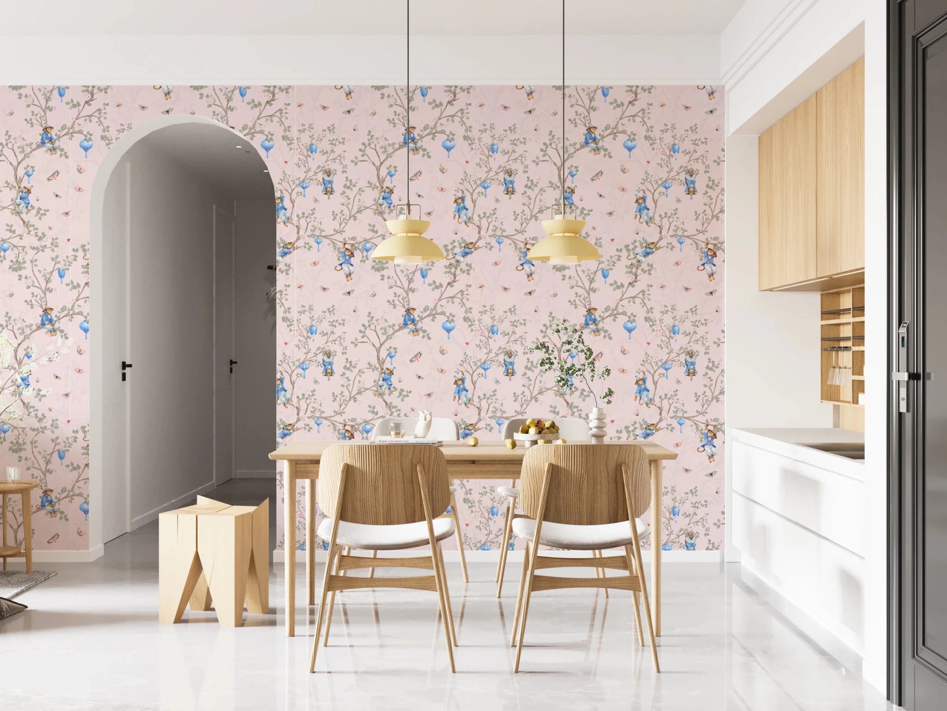 Vintage Rococo Chinoiserie Asian Lanterns with Monkeys and Sakura Flowers pink Wallpaper⁠