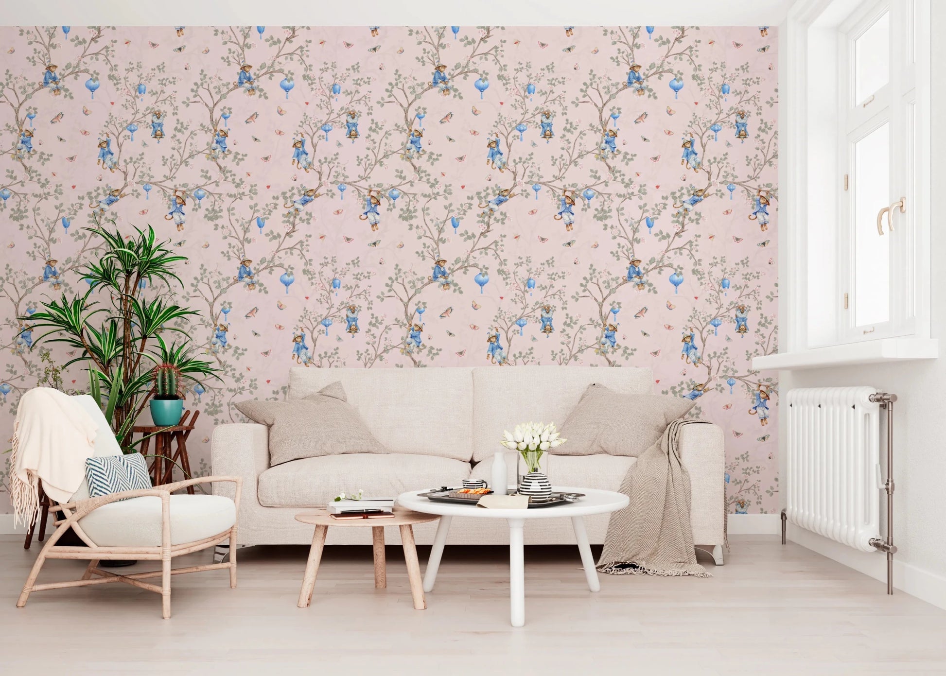 Vintage Rococo Chinoiserie Asian Lanterns with Monkeys and Sakura Flowers pink Wallpaper⁠