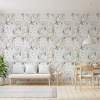 Vintage Rococo Chinoiserie Asian Lanterns with Monkeys and Sakura Flowers white Wallpaper⁠