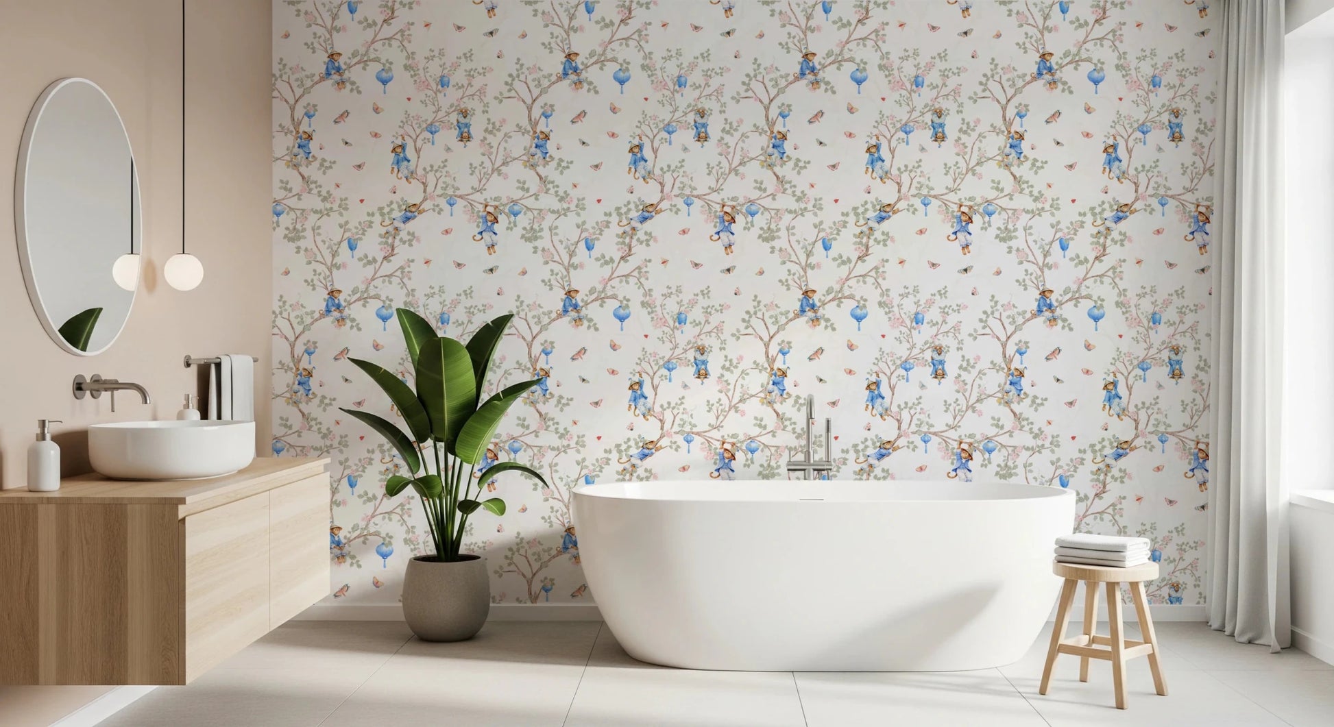 Vintage Rococo Chinoiserie Asian Lanterns with Monkeys and Sakura Flowers white Wallpaper⁠