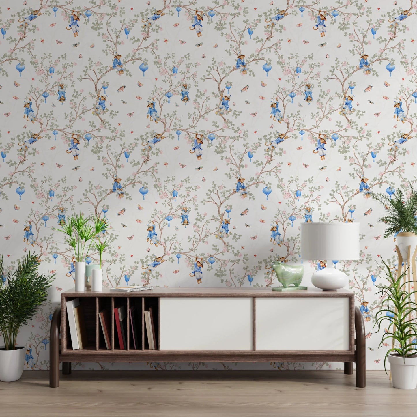 Vintage Rococo Chinoiserie Asian Lanterns with Monkeys and Sakura Flowers white Wallpaper⁠