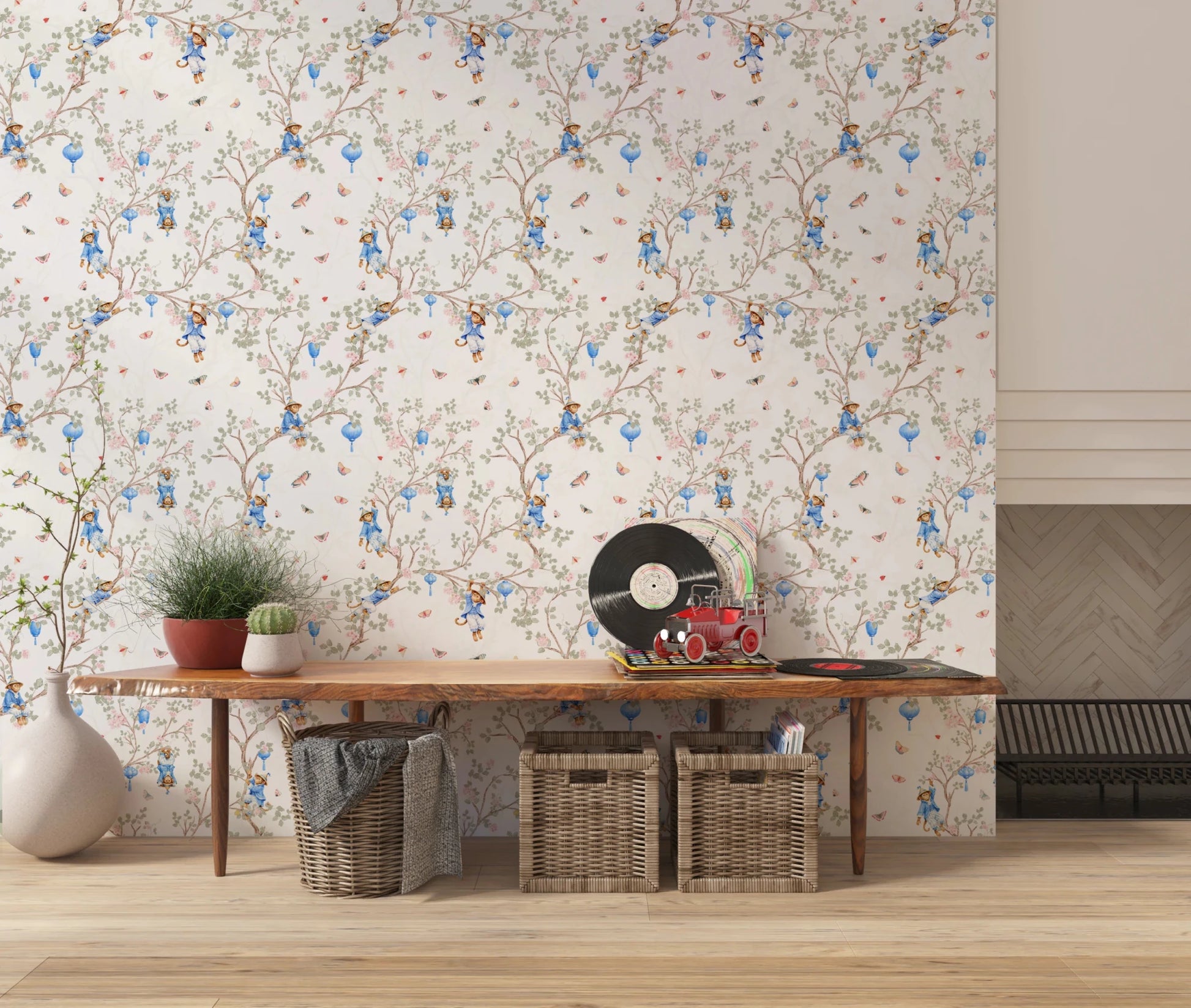 Vintage Rococo Chinoiserie Asian Lanterns with Monkeys and Sakura Flowers white Wallpaper⁠