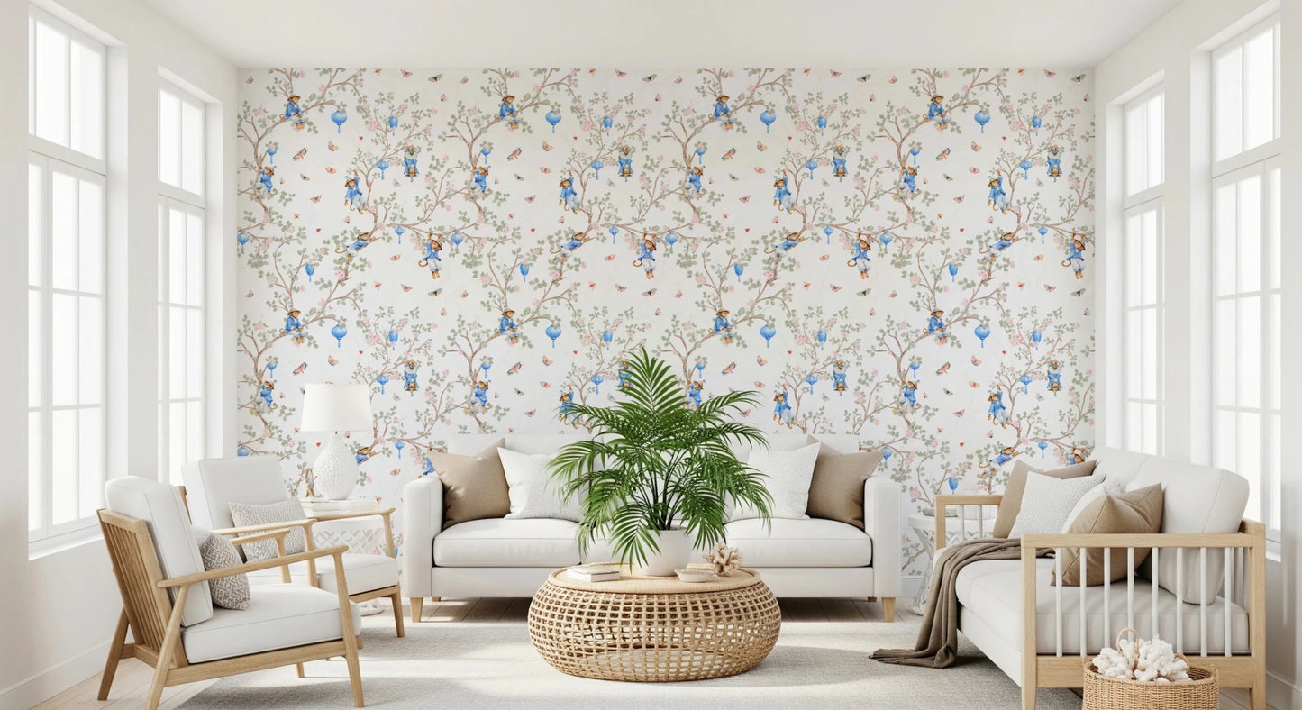 Vintage Rococo Chinoiserie Asian Lanterns with Monkeys and Sakura Flowers white Wallpaper⁠
