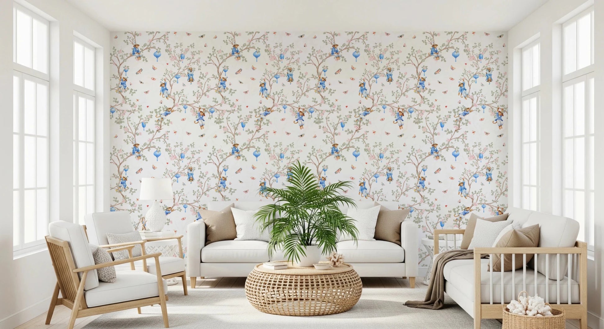 Vintage Rococo Chinoiserie Asian Lanterns with Monkeys and Sakura Flowers white Wallpaper⁠