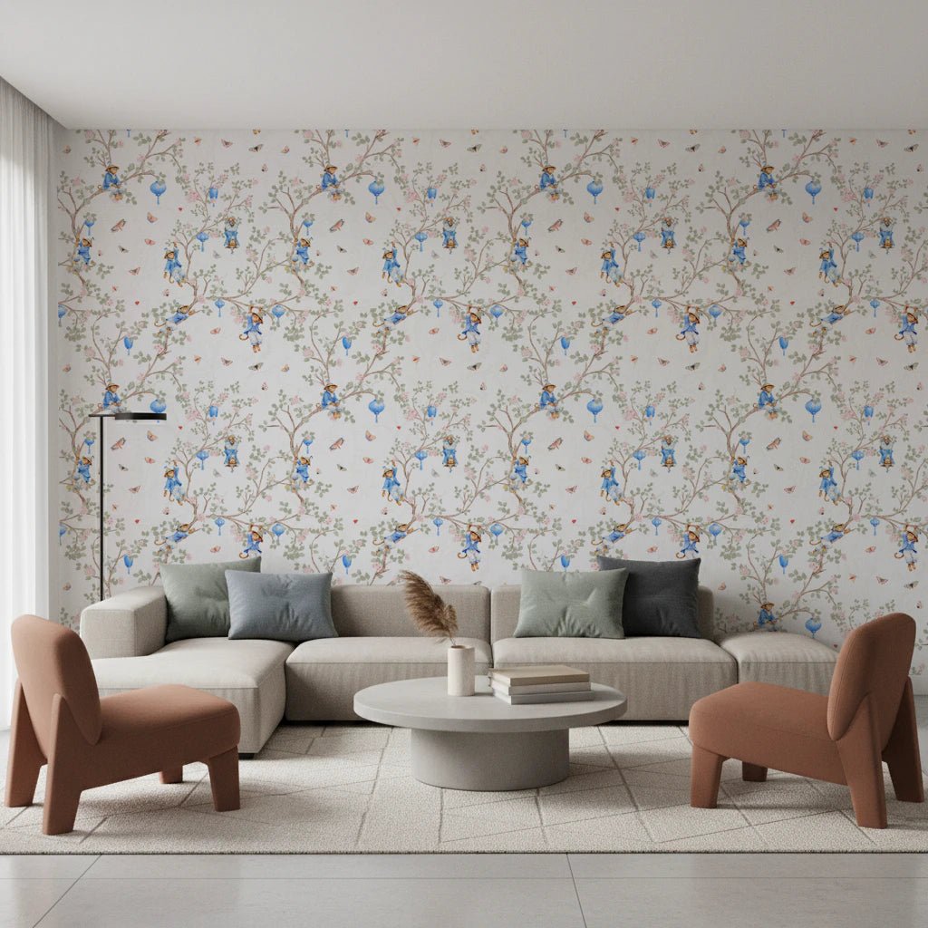 Vintage Rococo Chinoiserie Asian Lanterns with Monkeys and Sakura Flowers white Wallpaper⁠