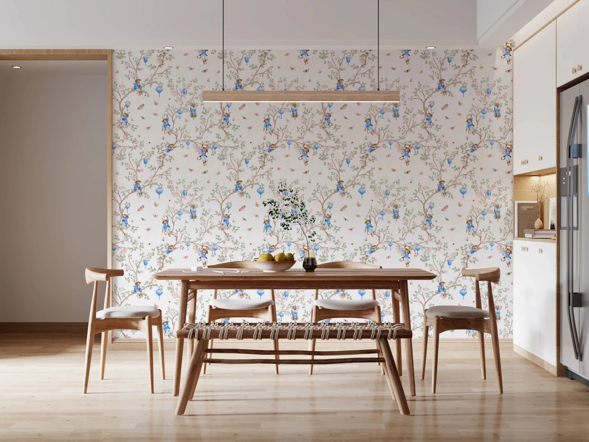 Vintage Rococo Chinoiserie Asian Lanterns with Monkeys and Sakura Flowers white Wallpaper⁠