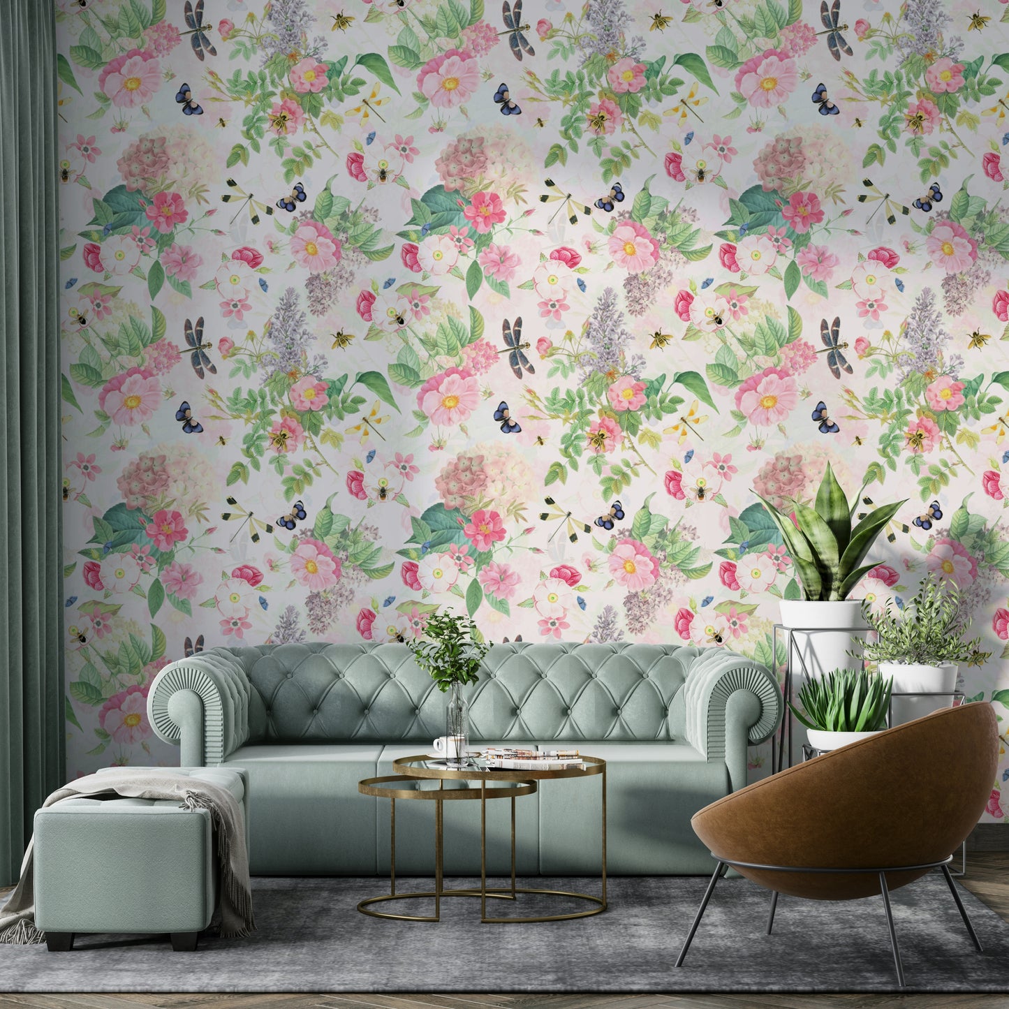 Soft pink rose floral mural with greenery

