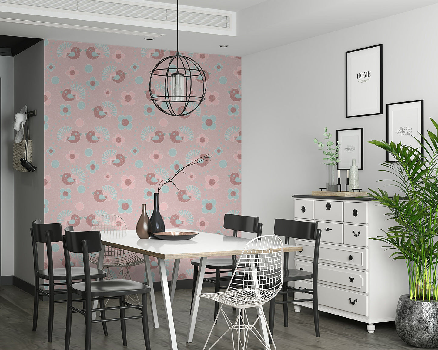 A whimsical Bird and Flower Wallpaper combining delightful birds with a classic rose floral pattern.