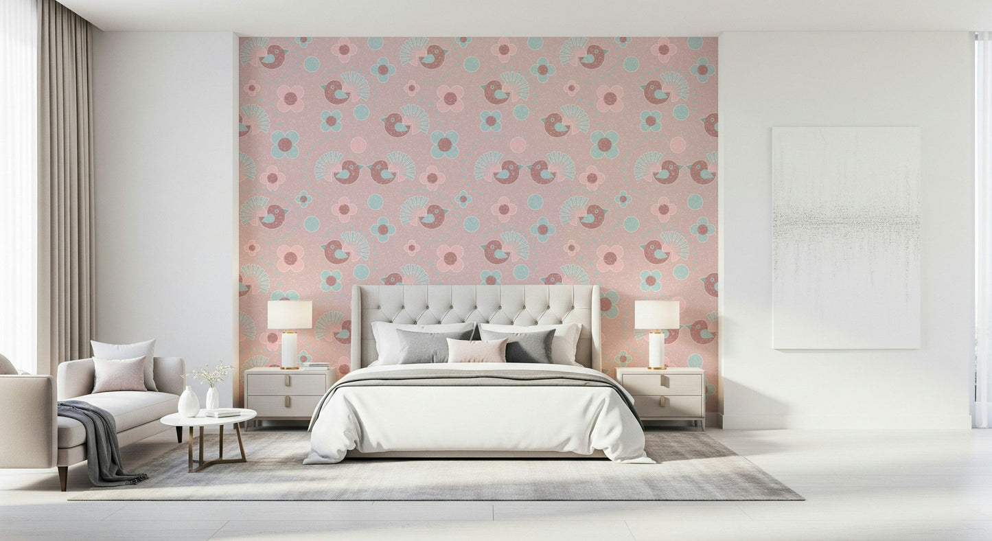 Elegant Bird Wallpaper with a repeating pattern of "rosebirds" and delicate rose blossoms.
