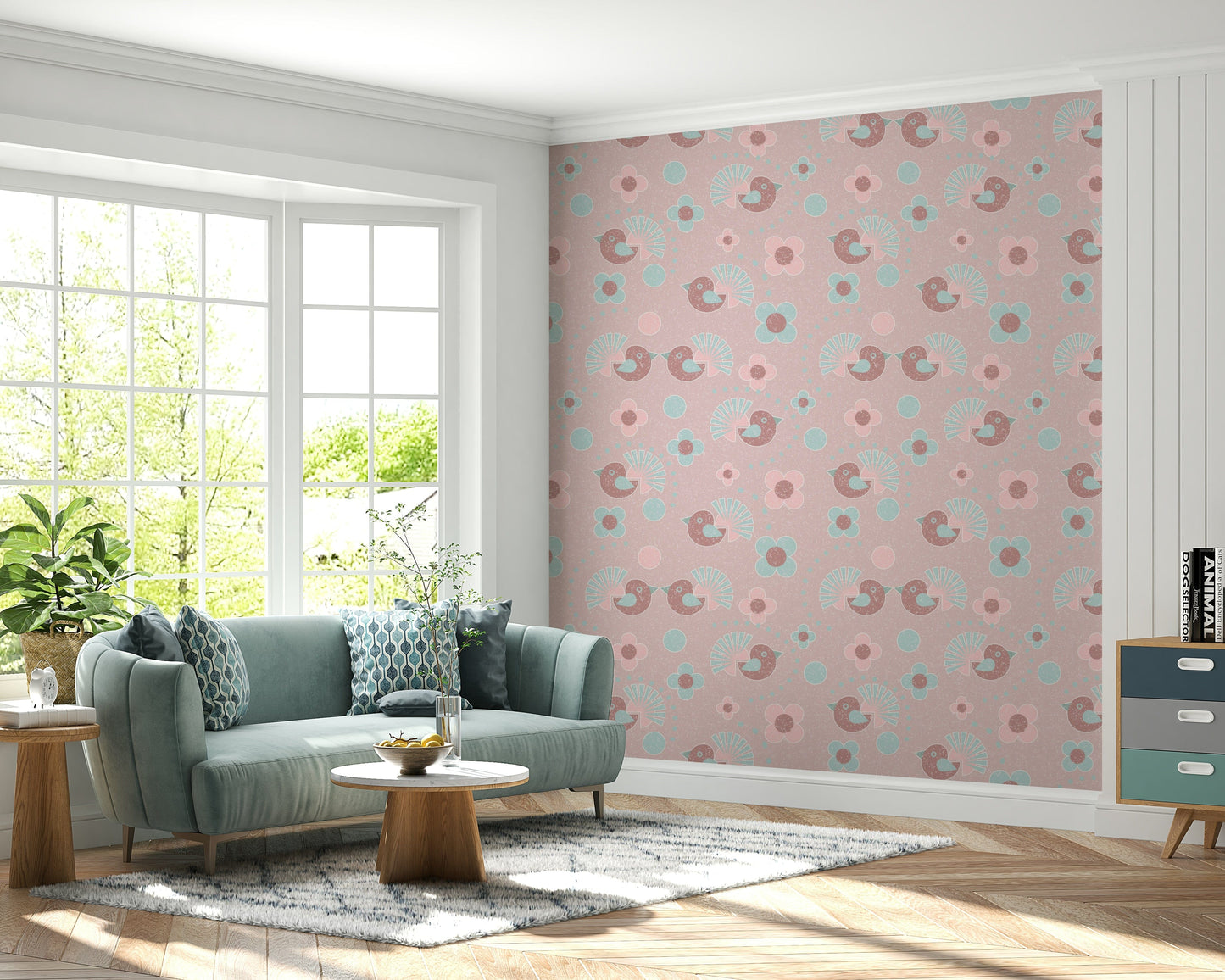 A beautiful Floral Wallpaper featuring a delightful design of small birds perched among blooming roses.
