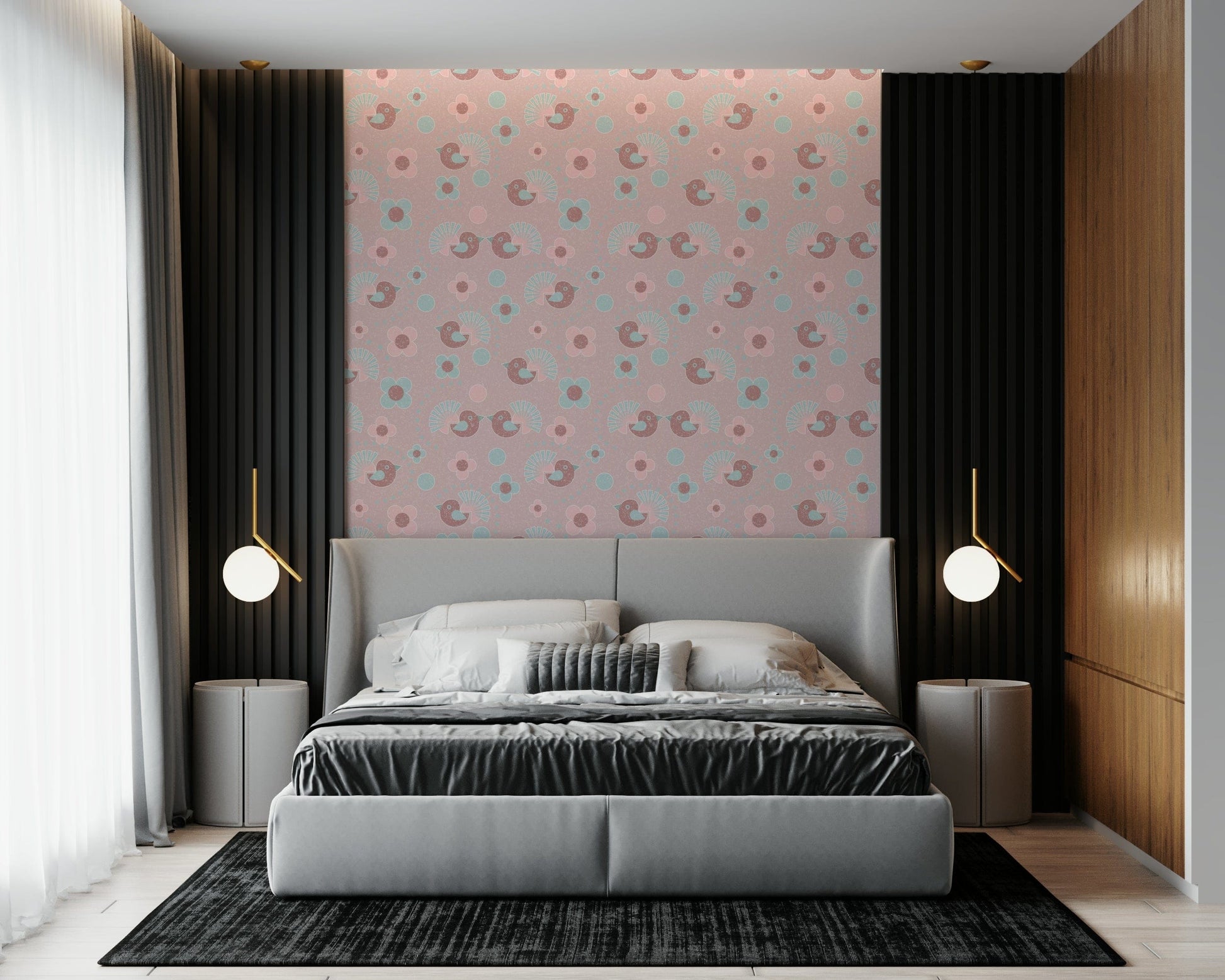 The Rosebird Delight Wallpaper showcasing a charming pattern of illustrative birds and rose flowers.