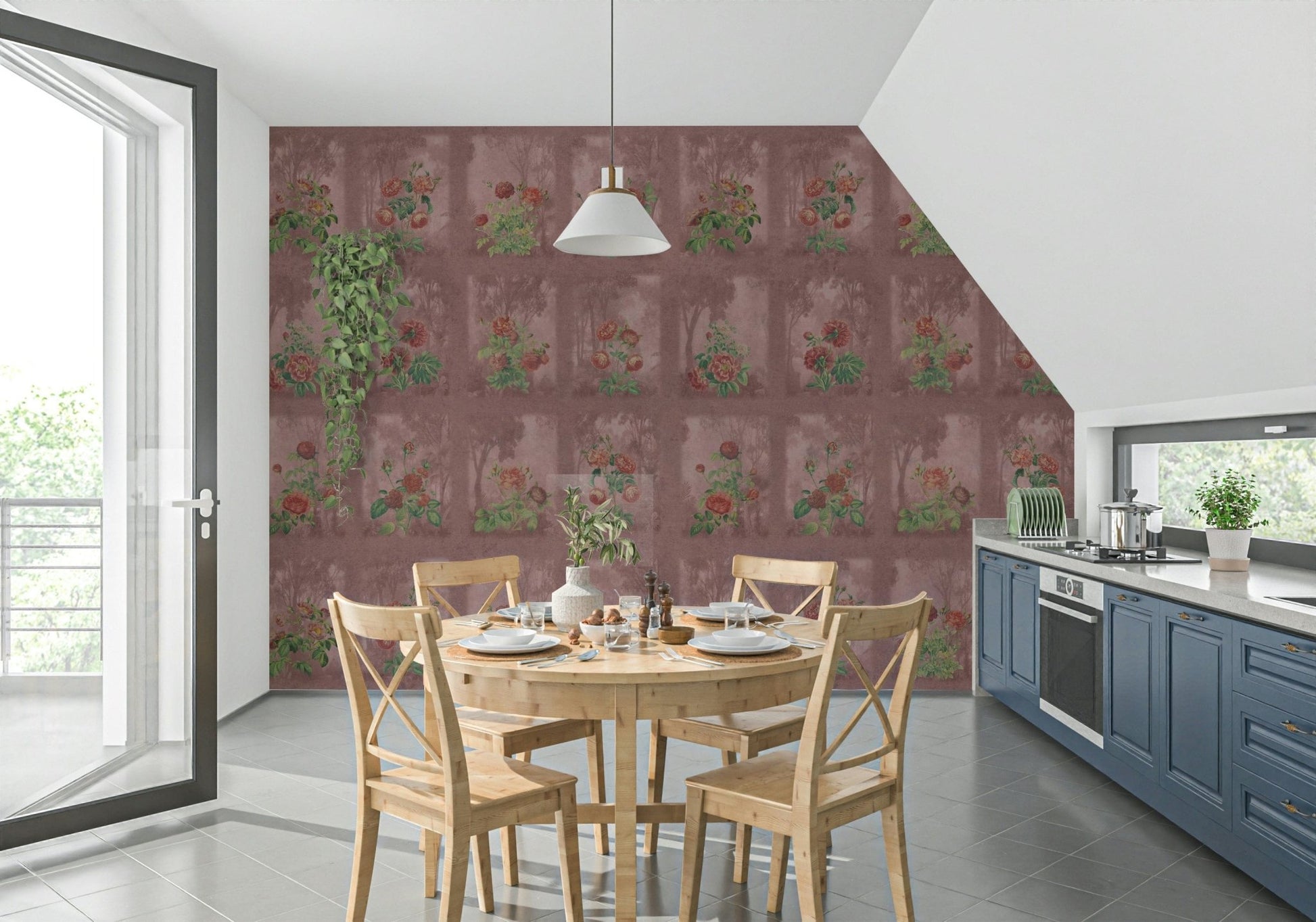 Hand-painted style rose mural in a sunroom with dark wood decor.