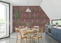 Hand-painted style rose mural in a sunroom with dark wood decor.