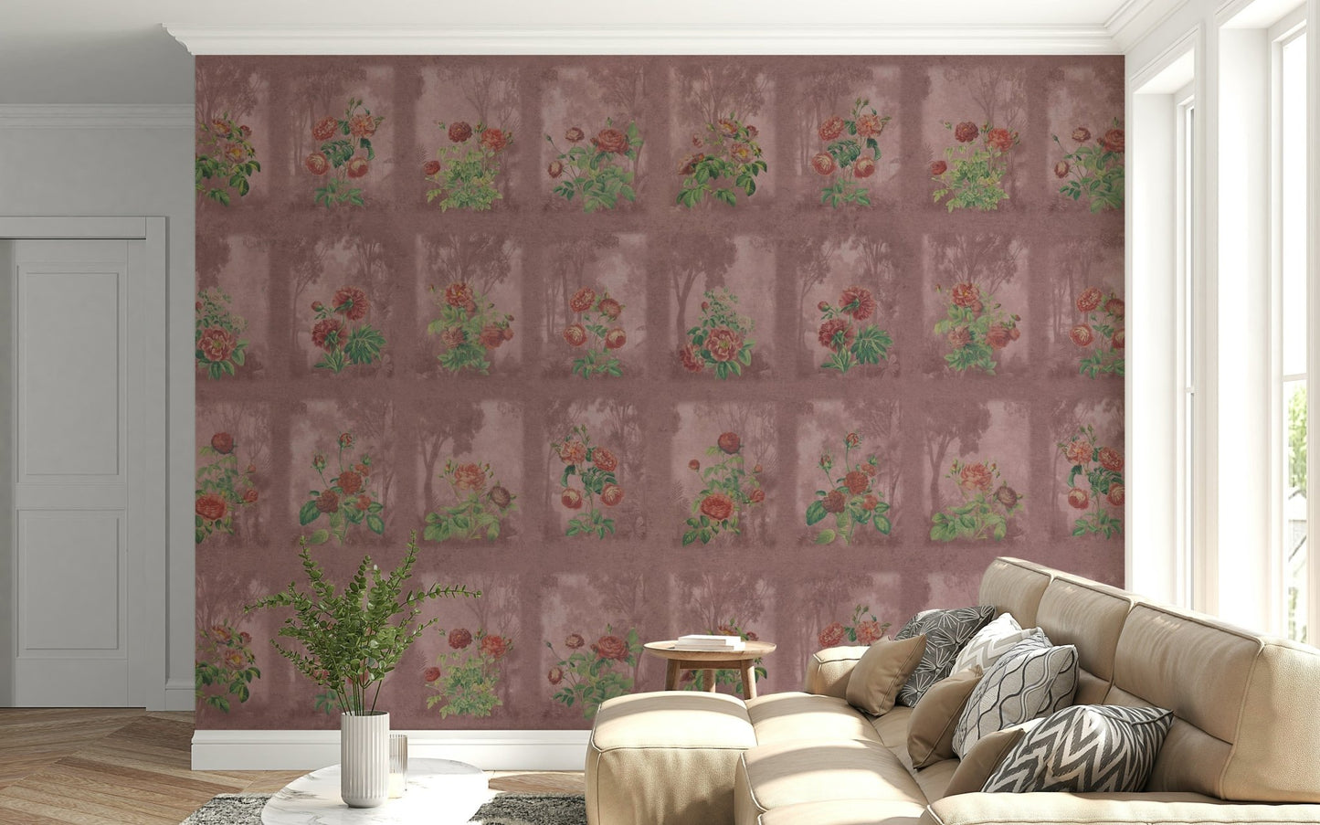 Victorian style floral wall decor for a modern apartment living room.