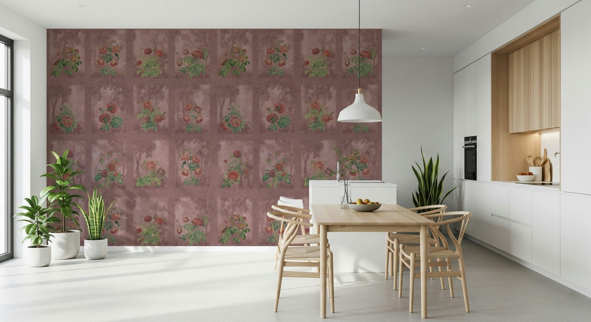 Vintage Rosewood Garden Wall Mural featuring dusty pink roses in a bedroom.
