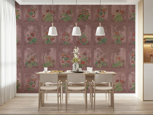 Antique botanical mural with rosewood tones for a master bedroom feature wall.