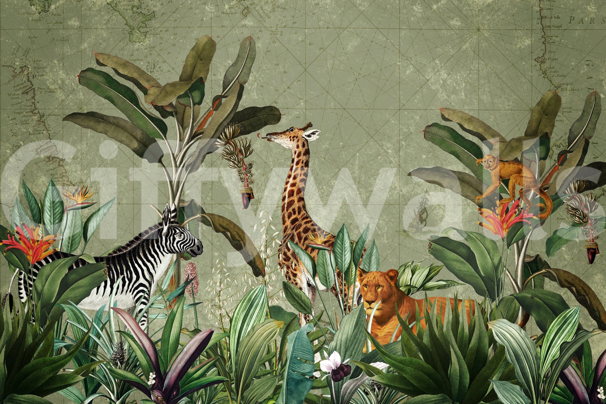 Safari expedition wall mural with detailed animal illustrations.

