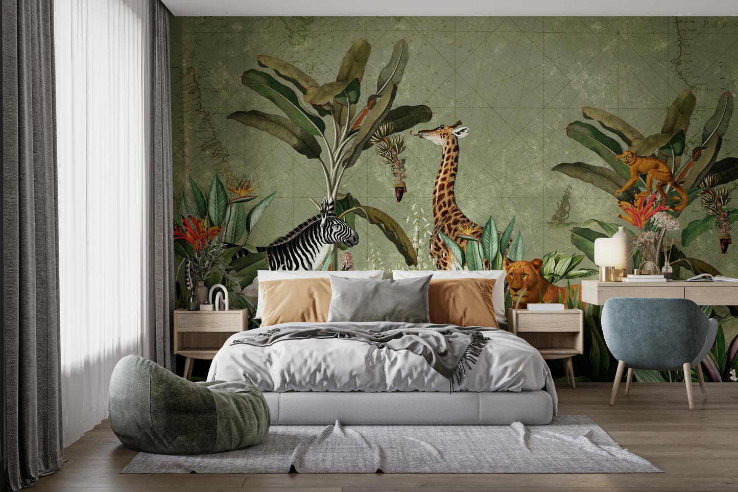 Jungle animals illustrated in a vintage wall mural style.

