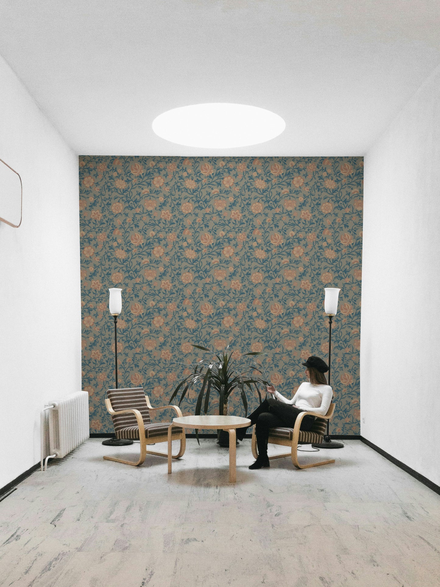 Vintage style teal wallpaper with damask floral print

