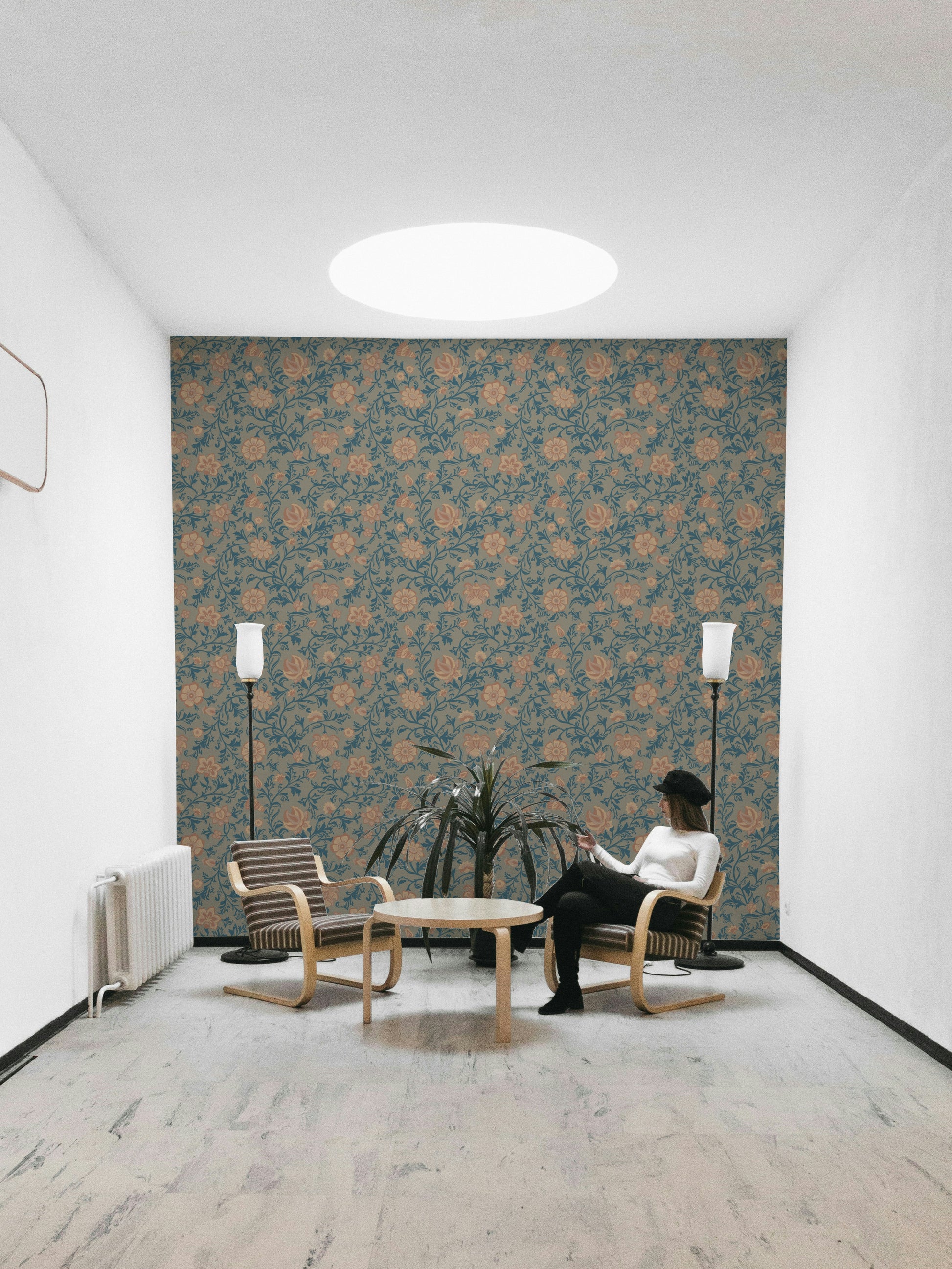 Vintage style teal wallpaper with damask floral print

