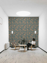 Vintage style teal wallpaper with damask floral print

