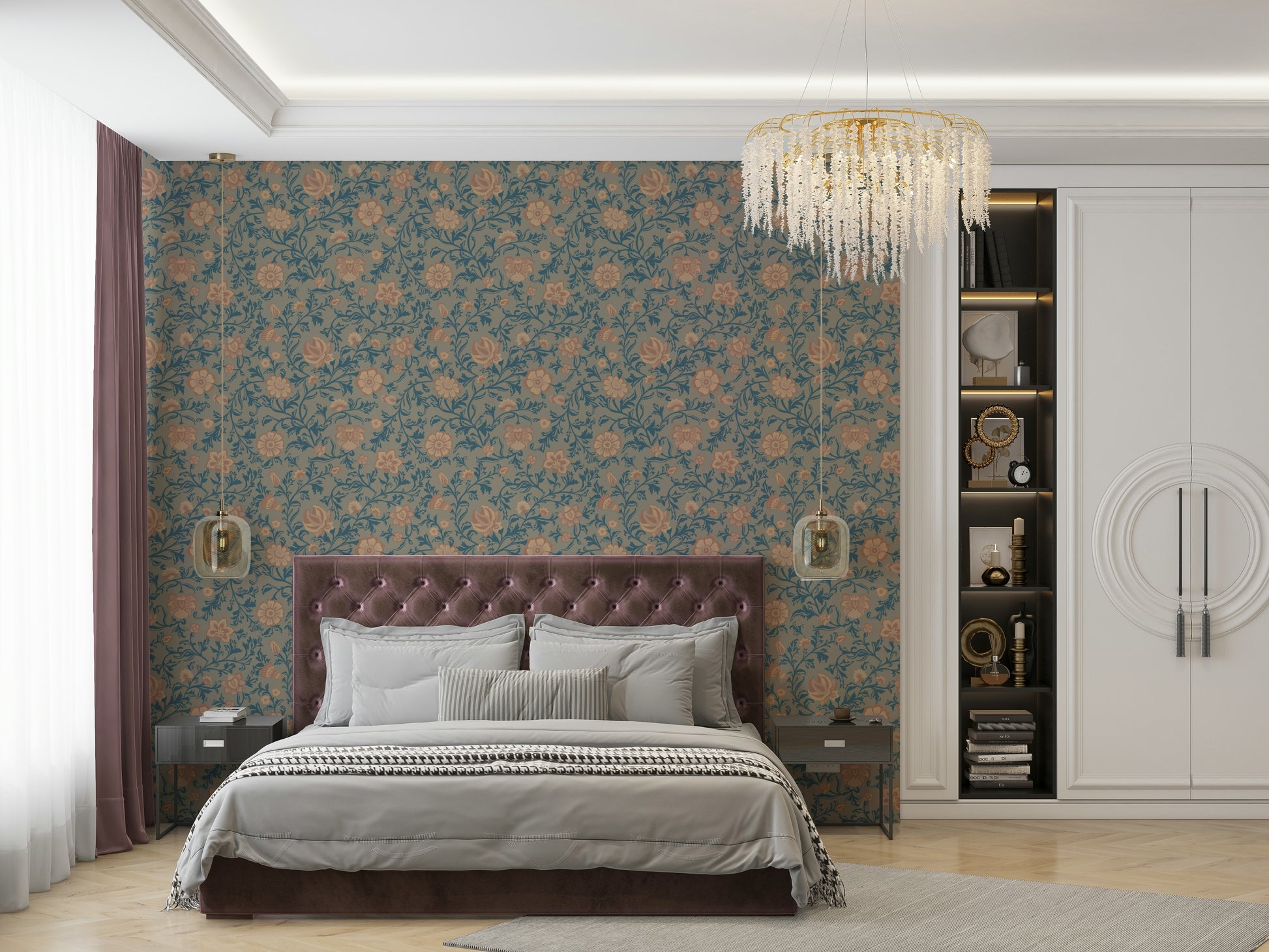 Floral damask wallpaper in vintage teal color

