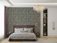 Floral damask wallpaper in vintage teal color

