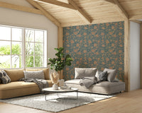 Teal damask wallpaper featuring intricate flowers

