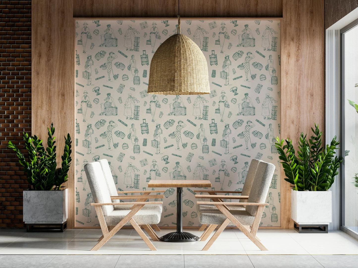 Hand-drawn vintage travel wallpaper mural depicting global journey scenes.