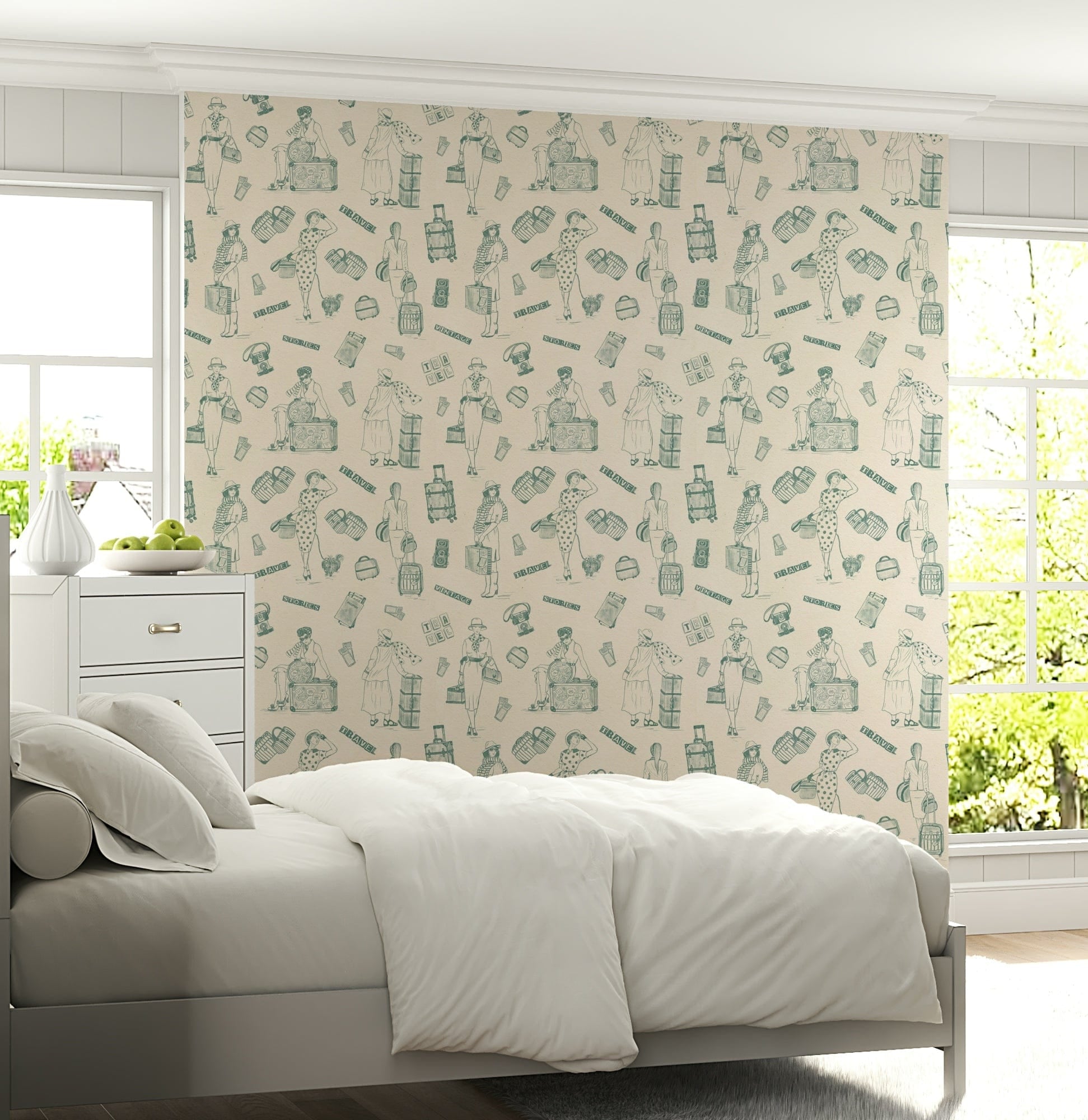 Old-world adventure wallpaper mural filled with nostalgic travel drawings.