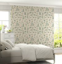 Old-world adventure wallpaper mural filled with nostalgic travel drawings.