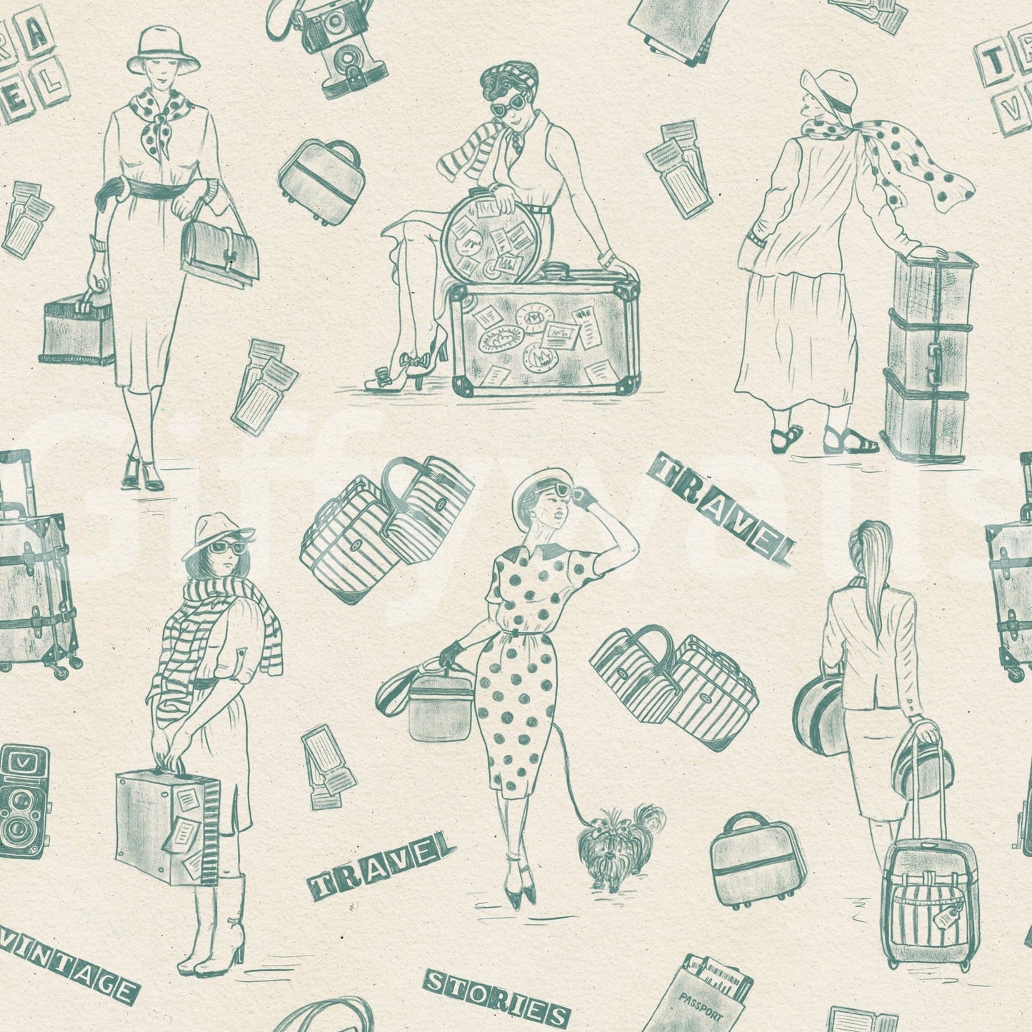 Retro travelogue-themed wallpaper with storytelling-style illustrations.