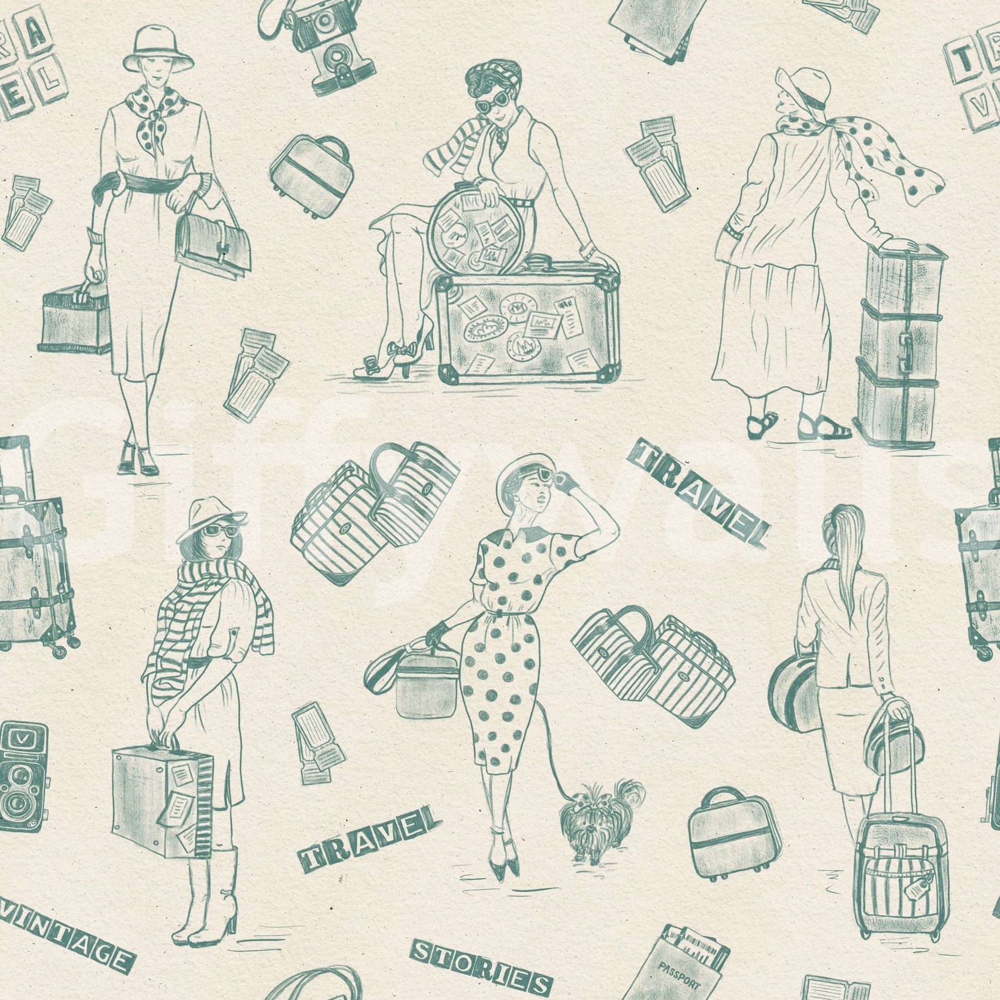 Retro travelogue-themed wallpaper with storytelling-style illustrations.
