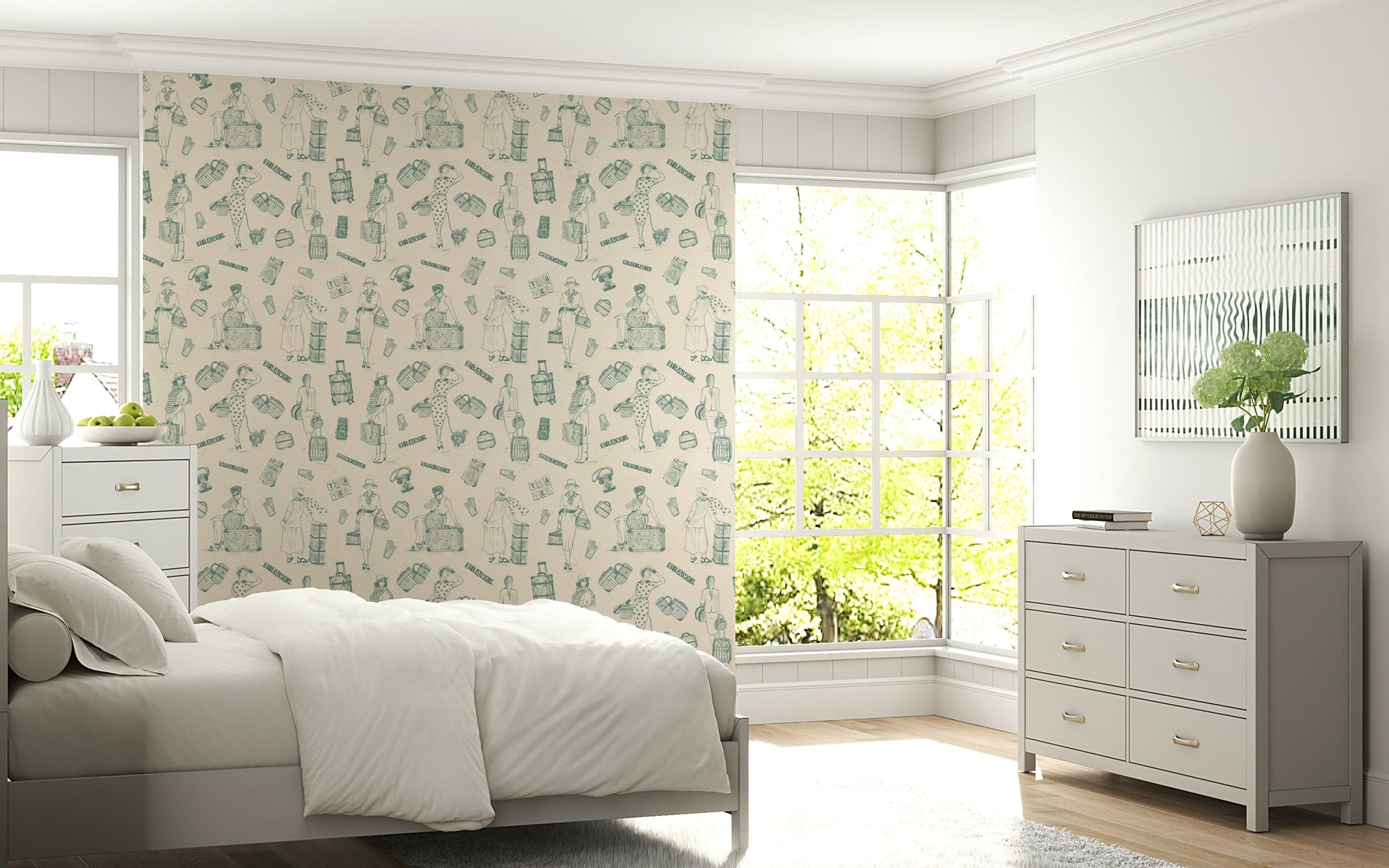 Old-world adventure wallpaper mural filled with nostalgic travel drawings.