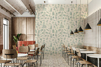 Retro-style travel sketch wallpaper mural with old-world illustrations.