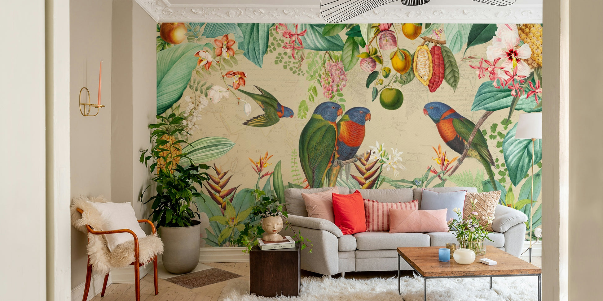 Vintage-inspired tropical mural with detailed flora and fauna

