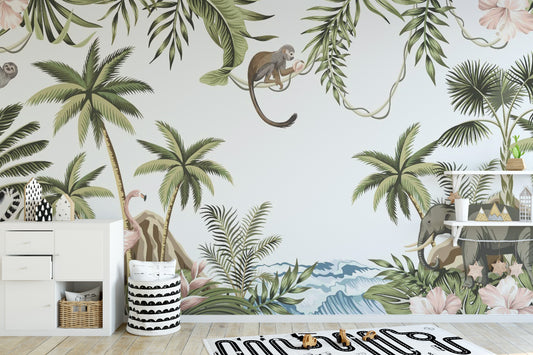 Vintage Tropical Forest wallpaper mural shown as a full feature wall that highlights the design