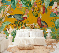 Tropical wallpaper mural with a vintage journey theme

