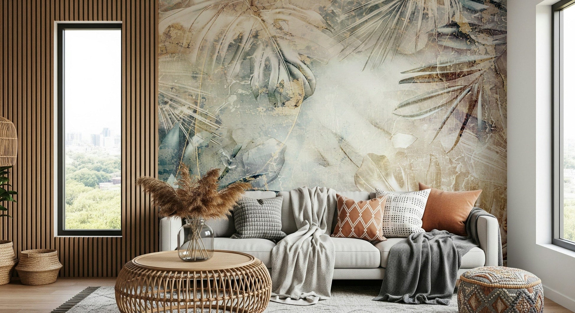 An artistic soft focus leaf mural on minimalist wallpaper.

