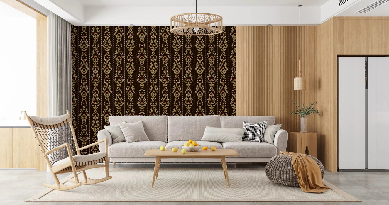 Vintage Vine Wallpaper with green leaf pattern in modern living room wall decor
